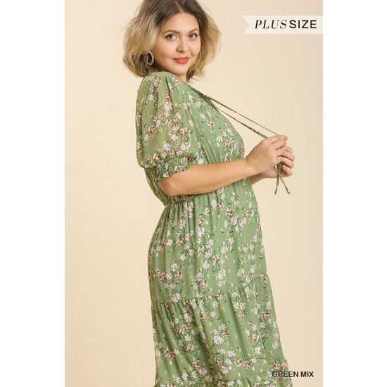 Green Tea Floral Tie Front Maxi Dress